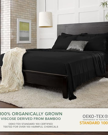 Pure Bamboo Queen Sheets, Genuine 100% Organic Viscose Derived from Bamboo Bed Sheet Set, Luxuriously Soft & Cooling, Double Stitching, 2 Year Quality Promise (Queen, Black)