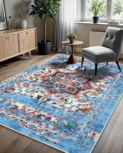 GLN Rugs Traditional Collection - Machine Washable Area Rug, Traditional Washable, Non Slip, Low Pile Chenille Rug, Living Room, Bedroom, Kitchen Rug (5'3"x7'5" Blue)