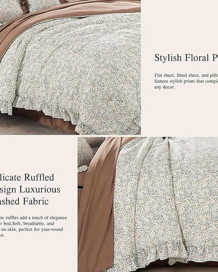 Full Comforter Set - 7 Pieces Ruffle Beige Ditzy Bedding Sets, Shabby Chic Farmhouse Bed in a Bag Full with Floral Comforter, Sheets, Pillowcases & Shams