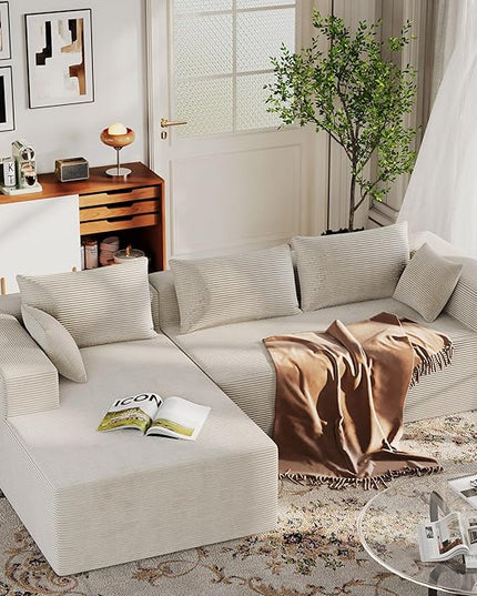 ALISH 111 Inch L-Shaped Cloud Sectional Sofa Couch, Compression Couch with Chaise, Modular Deep Seat Boneless Design for Easy Setup, Plush Upholstered Living Room Bedroom Apartment Furniture, Beige