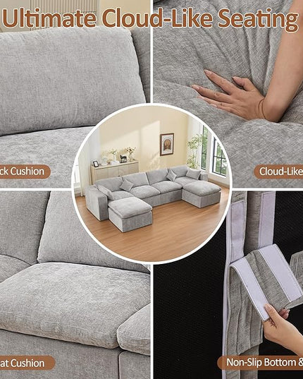 155''Cloud Boneless Sectional Couch, Modular Sectional Sofa Deep Seat with 2 Ottomans, Oversized Upholstered Convertible Comfy 6 Seater Chenille Sofa U Shape Couches for Living Room, Light Grey