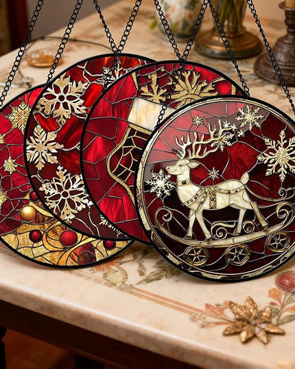 Stained Glass Window Hanging 4 Pcs Set Red Christmas Elk Snowflakes 6.3" - Deer Suncatcher Door Garden Sun Catcher Decor Birthday for Mom Woman Nana Men Friend