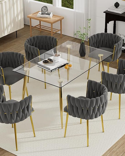 7 Piece Modern Gold Dining Set, 51'' Luxury Minimalist Kitchen Table Set, 6 Person Clear Glass Top Rectangle Dinner Set, Grey Woven Dining Chair for Home Living Room Small Place