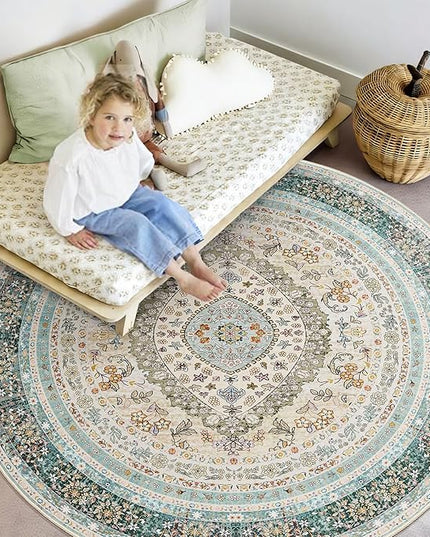 Round Area Rugs 6ft Washable,Blue Rug for Living Room Bedroom Dining Room,Large Boho Vintage Bohemian Distressed Oriental Carpet Non Slip,Floral