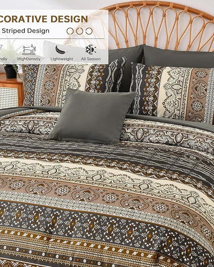 Cottolester Boho Queen Comforter Set 8 Pieces,Brown Black Bohemian Comforter Paisley Striped Bed in A Bag,Soft Microfiber Bedding Set for All Season