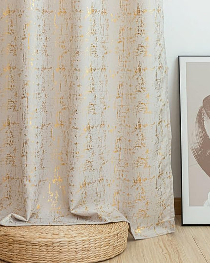Taisier Home Gold Foil Print Linen Textured Curtains - Geometric Dots Pattern Design for Nursery, Toy Room - Thermal Insulated Window Treatment, 2 Panels, 63" L, Beige and Gold