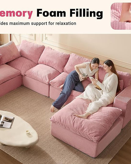 137.8” Sectional Couches for Living Room, Cloud Couch, Modular Sectional Sofa, Convertible Sofas Bed, Deep Seat Sofa, Sleeper Sofa Full Size, Corduroy, Pink