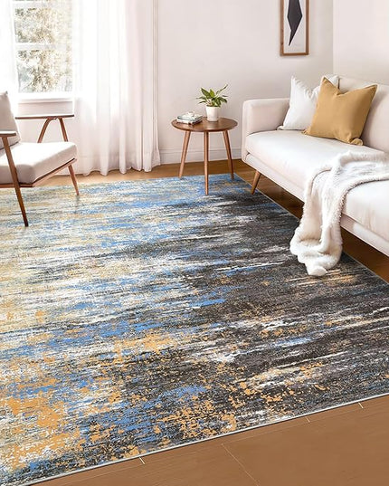 Modern Abstract Area Rug 4x6 Washable Rug for Living Room, Ultra Soft Rug for Bedroom, Non Slip Indoor Floor Carpet, Stain Resistant Rugs for Home Decor Office, Blue/Brown