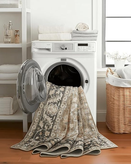 ReaLife Rugs Machine Washable Area Rug Runner - Living Room Bedroom Bathroom Kitchen Entryway Office - Padded Low Pile Stain Resistant Premium - Boho Farmhouse Vintage - BEV - Beige Tan Brown 3' x 5'