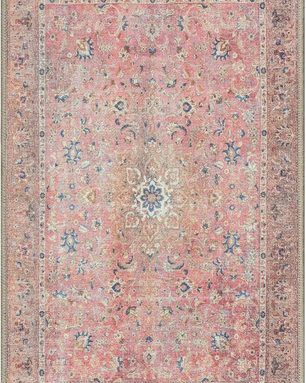 GLN Rugs Traditional Collection - Machine Washable Area Rug, Traditional Washable, Non Slip, Low Pile Chenille Rug, Living Room, Bedroom, Kitchen Rug (2'x3' Pink Vintage)