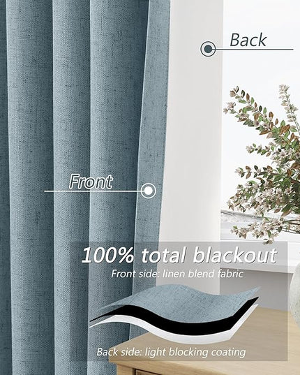 Blue Linen Blackout Curtains 126 Inch Length 2 Panels Set for Living Room Bedroom Back Tab Thermal Insulated 100% Black Out Linen Drapes Room Darkening Window Curtains 126 Inches Long Dusty Blue