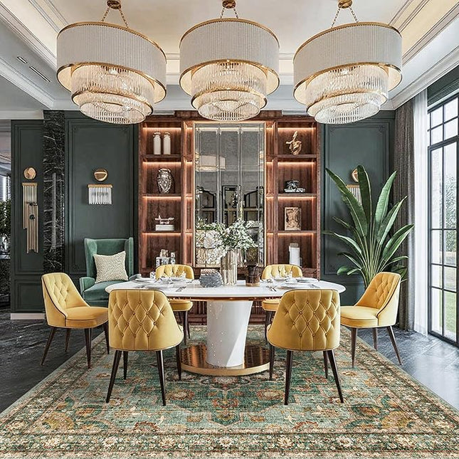 Washable Oriental Area Rug - 12x12 Rugs for Living Room Soft Carpet for Bedroom Waterproof Floral Distressed Indoor Stain Resistant Non-Shedding Floor Carpets (Green, 12x12)