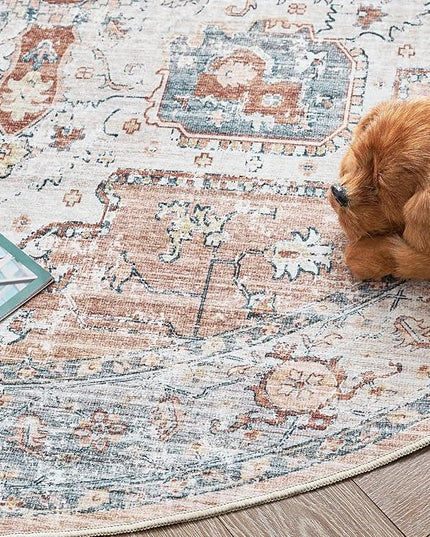 jinchan Round Rug 7ft Area Rug - Machine Washable 7'Circle Vintage Floral Non-Slip with Rubber Backing Ultra-Thin Low-Pile Carpet for Bedroom Living Room Dining Room Entryway (7'Round, Orange)