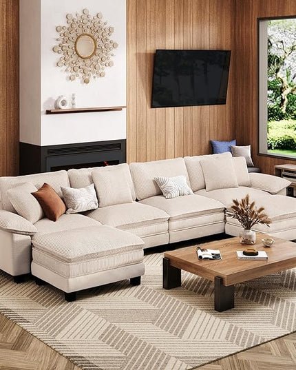 157-Inch U Shaped Sectional Sofa with Cloud Cushions, Deep Seat Modular Couch Set w/ 6 Seats & 2 Ottomans, Plush Chenille & Corduroy Upholstery for Living Room, Apartment - Beige