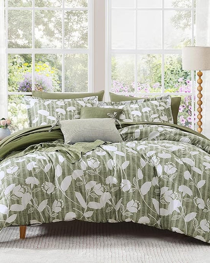 Full Comforter Set -7 Pieces Botanical Olive Green Comforter Set for All Seasons, Bed in a Bag Full with Flowers Floral Comforter, Sheets, Pillowcases & Shams