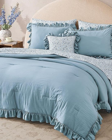 Full Comforter Set - 7 Pieces Ruffle Blue Bedding Sets, Shabby Chic Farmhouse Bed in a Bag Full with Ruffle Comforter, Floral Sheets, Pillowcases & Shams