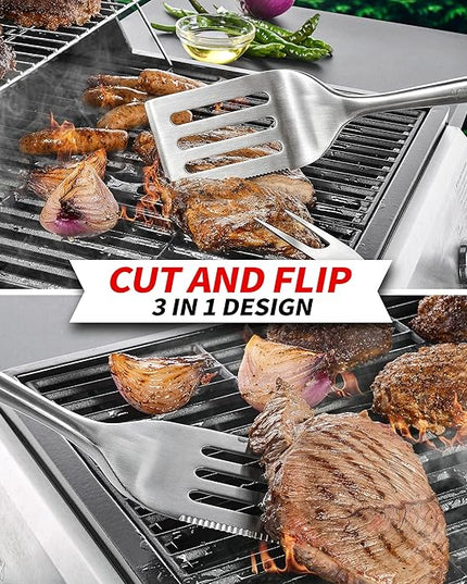 Heavy-Duty Rose Wooden BBQ Grilling Tools Set. Extra Thick Stainless Steel Multi-Function Spatula, Fork & Tongs | Essential Accessories for Barbecue & Grill. Ideal Gift for Father…