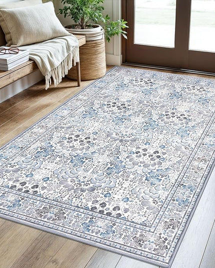 3x5 Modern Rug for Farmhouse, Grey Blue Super Soft Washable Rug with Non-Slip, Low-Pile Indoor Door Area Rug for Living Room Bedroom, Carpet with Non-Shedding