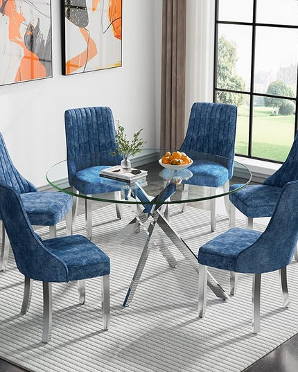 Round Glass Dining Table Set for 6, 47'' Clear Circular Kitchen Table and Chairs Set, 7PCS Modern Circle Dining Room Table Set with 6 Dining Chair for Home