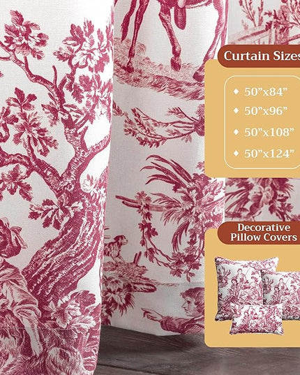Maison d' Hermine Curtains for living room 100% Cotton 108 inch length One Panel Light Filtering Toile Curtains for Bedroom with rod and loop Pockets (The Miller Red (White Background), 50"W x 108"L)