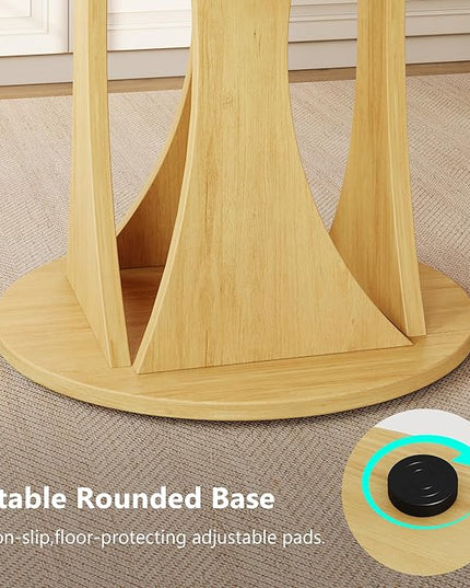 Round Dining Table for 4-6, Kitchen Table with Sturdy Double Arc & Rounded Base & Backboard Clasp Desktop, Mid-Century Modern Circle Dinner Table for Dining Living Room, Space Saving, Natrual
