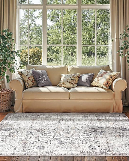 jinchan Kalen Area Rug 4x6 Washable Bedroom Rug Vintage Indoor Thin Floor Cover Retro Accent Mat Distressed Gray Floral Country Boho Non Slip Carpet for Living Room Kitchen Dining Room Office Grey