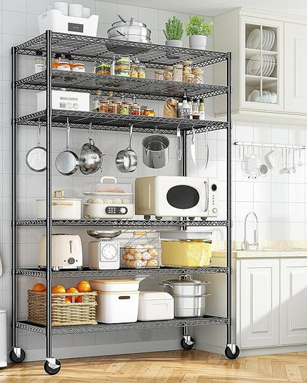 82" H X45 W X18 D Wire Shelving Unit, 6 Tier Adjustable Storage Shelves with Wheels 1200LBS Metal Shelving for Restaurant Garage Pantry Kitchen Closet Commercial,Black