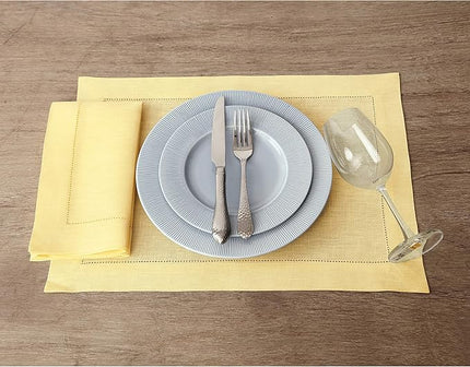Solino Home Linen Placemats Set of 4 - Classic Hemstitch Yellow Placemats 14 x 19 Inch - 100% Pure Linen Table Mats