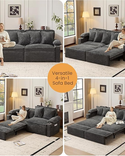 83" King Size Pull Out Sofa Bed, 4-in-1 Convertible Sleeper Sofa Bed with USB Ports, Cup Holders, Side Pockets, Corduroy Oversized Loveseat Chaise Lounge for Living Room, Small Space (Dark Gray)