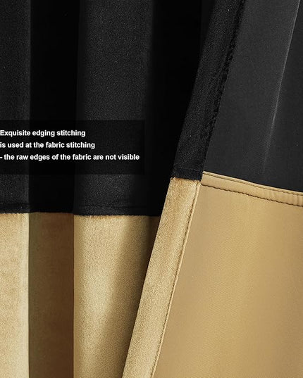 BULBUL Black Gold Color Block Window Curtains Panels 120 inches Long Velvet Farmhouse Drapes for Bedroom Living Room Darkening Treatment with Grommet Set of Black Gold