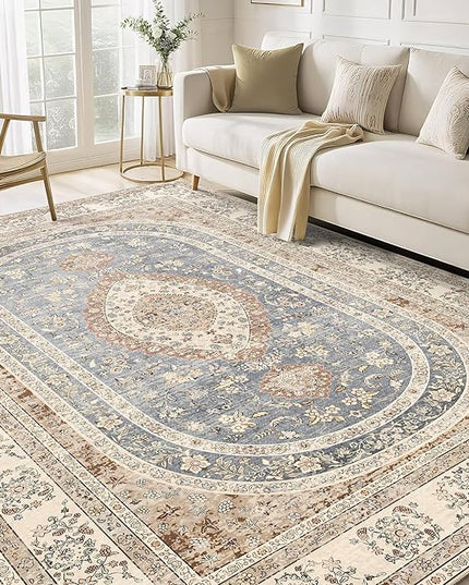 5x7 Area Rugs Washable,Beige Rug for Living Room Bedroom Kitchen,Large Boho Vintage Bohemian Farmhouse Distressed Oriental Carpet Non Slip