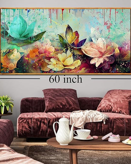 Flower Wall Art for Living Room, Framed Floral Canvas Wall-Art for Bedroom, Watercolor Lotus Print, Large Size 59x29 Inches