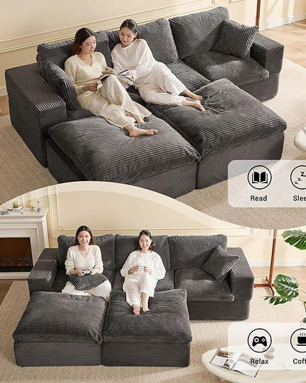 106.3” Sectional Couches for Living Room, Cloud Couch, Modular Sectional Sofa, Convertible Sofas Bed, Deep Seat Sofa, U Shaped Cozy Sofa Furniture Set, Corduroy, Gray