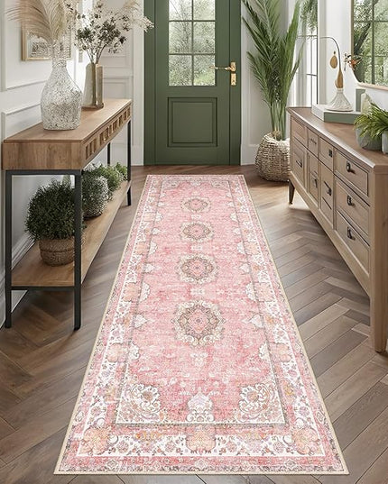Washable Runner Rug 2'x8',Pink Rug Runners Non Slip,Long Boho Rugs for Hallways Kitchen Bathroom Bedroom Entryway,Vintage Bohemian Distressed Floor Carpet,Blush Floral Flowers