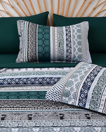 Cottolester Boho Comforter Set King Size,8 Pieces Emerald Green Bohemian Striped Bed in a Bag,Paisley Soft Microfiber Bedding Comforter Set