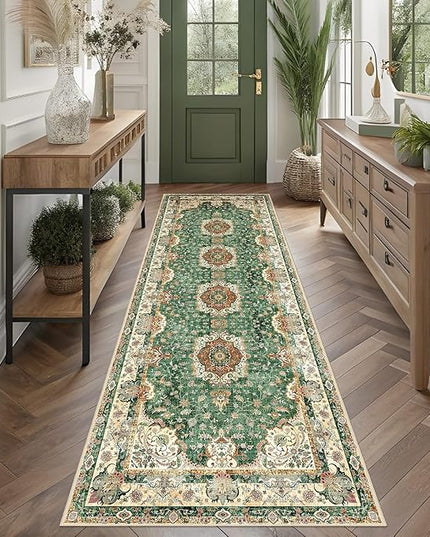 Washable Runner Rug 2'x8',Green Rug Runners Non Slip,Long Boho Rugs for Hallways Kitchen Bathroom Bedroom Entryway,Vintage Bohemian Distressed Floor Carpet,Retro Sage Floral