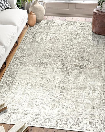 ReaLife Rugs Machine Washable Area Rug - Living Room Bedroom Bathroom Kitchen Entryway Office - Padded Low Pile Stain Resistant Premium - Boho Farmhouse Vintage - Lyle - Beige Ivory 7'6" x 9'6"
