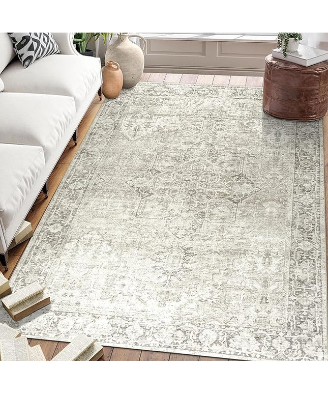 ReaLife Rugs Machine Washable Area Rug - Living Room Bedroom Bathroom Kitchen Entryway Office - Padded Low Pile Stain Resistant Premium - Boho Farmhouse Vintage - Lyle - Beige Ivory 7'6" x 9'6"