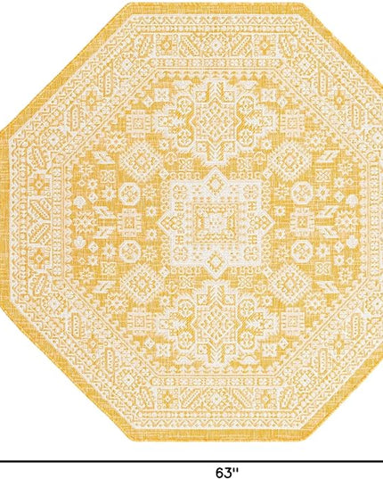 Rugs.com Outdoor Aztec Collection Rug – 5 Ft Octagon Yellow Flatweave Rug Perfect for Living Rooms, Kitchens, Entryways