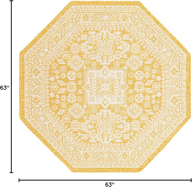 Rugs.com Outdoor Aztec Collection Rug – 5 Ft Octagon Yellow Flatweave Rug Perfect for Living Rooms, Kitchens, Entryways
