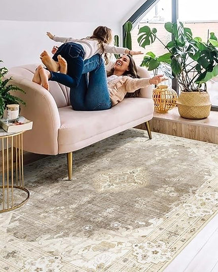 MUJOO Boho Rug 4'x6.5',Beige Area Rugs for Bedroom Living Room Dining Room,Machine Washable Non Slip Carpet Vintage Bohemian Distressed Farmhouse,Floral