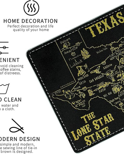 Marble Coasters Square Leather Drinks Coaster Set with Holder for Coffee Table Bar Home Decor 4 Inches Set of 6 (Texas, One Size)