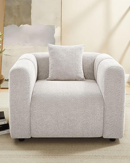 VANOMi 42" Width Accent Chair for Living Room, Modern Lounge Chair with Pillow, Comfy Upholstered Boucle Single Sofa Chair for Living Room (Light Khaki)