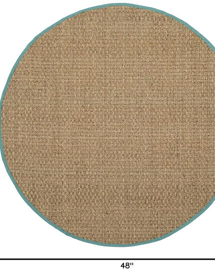 SAFAVIEH Area Rug 4' Round - Natural Fiber Collection - Natural & Teal, Seagrass, Basketweave Pattern with Border (NF114R)