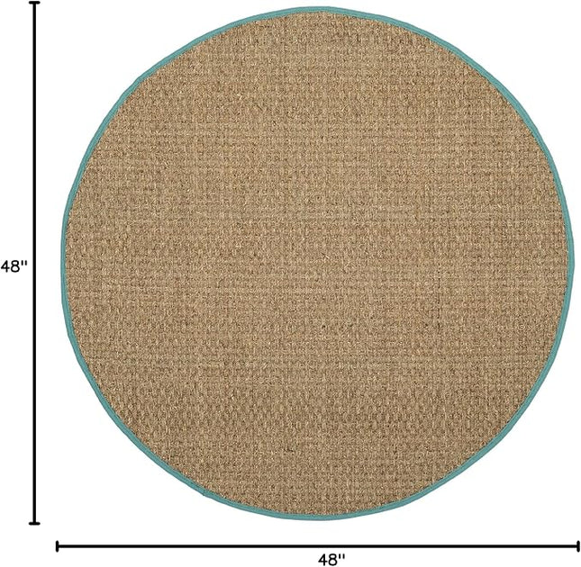 SAFAVIEH Area Rug 4' Round - Natural Fiber Collection - Natural & Teal, Seagrass, Basketweave Pattern with Border (NF114R)