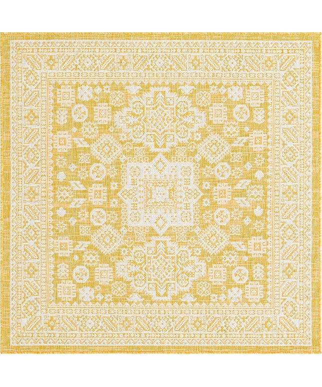 Rugs.com Outdoor Aztec Collection Rug – 8 Ft Square Yellow Flatweave Rug Perfect for Living Rooms, Kitchens, Entryways