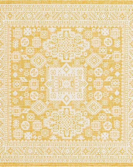 Rugs.com Outdoor Aztec Collection Rug – 5 Ft Square Yellow Flatweave Rug Perfect for Living Rooms, Kitchens, Entryways