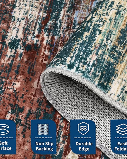 Modern Abstract Living Room Rug 8x10, Washable Area Rugs for Bedroom, Stain Resistant Non Slip Large Rug, Soft Indoor Carpet for Dining Room Table Home Decor, Red/Multi