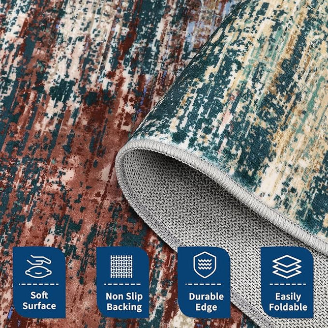 Modern Abstract Living Room Rug 8x10, Washable Area Rugs for Bedroom, Stain Resistant Non Slip Large Rug, Soft Indoor Carpet for Dining Room Table Home Decor, Red/Multi