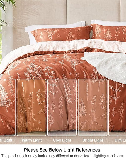 Love's cabin Terracotta Comforter Set Queen - Queen Size Comforter Set, 3 Pieces Cute Floral Bedding Sets for All Seasons,1 Soft Reversible Botanical Flowers Comforter and 2 Pillow Shams